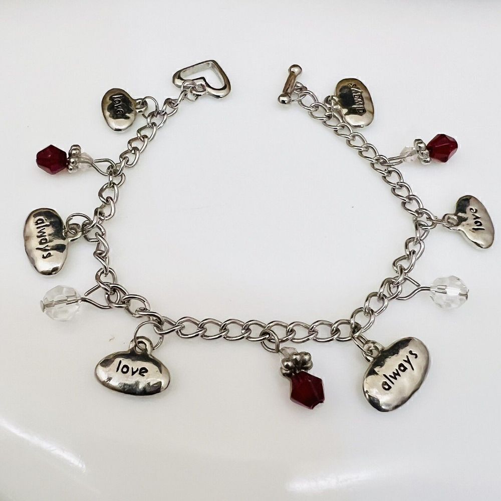 ALWAYS LOVE Silver Tone Charm Dangle Drop Bracelet Red Crystal 7.5” 4353